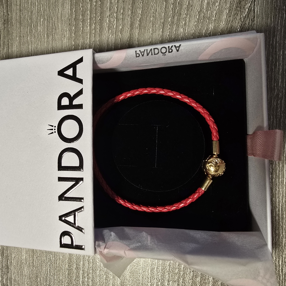 Pandora Red Leather Braided Bracelet With Gold Clasp
